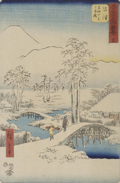 Berg Fuji und Berg Ashigara von Numazu aus der Serie Vertikales Tokaido von Utagawa Hiroshige